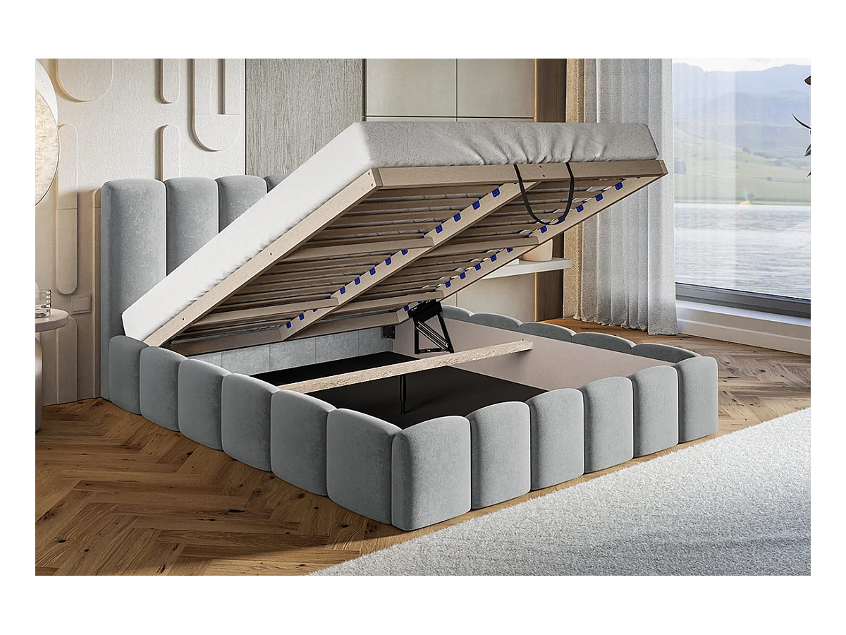 Emporius Lit Rembourré 140 x 200 cm avec Rangement Palermo - Lit Double 140x200, tissu bouclé Noir (Anthology 19)