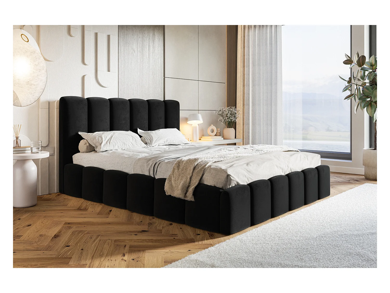 Emporius Lit Rembourré 180 x 200 cm avec Rangement Palermo - Lit Double 180x200, tissu Velvet Noir (Amor Velvet 4322)