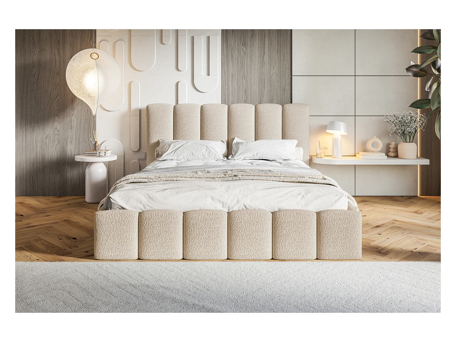Emporius Lit Rembourré 140 x 200 cm avec Rangement Palermo - Lit Double 160x200, tissu bouclé Beige (Anthology 3)