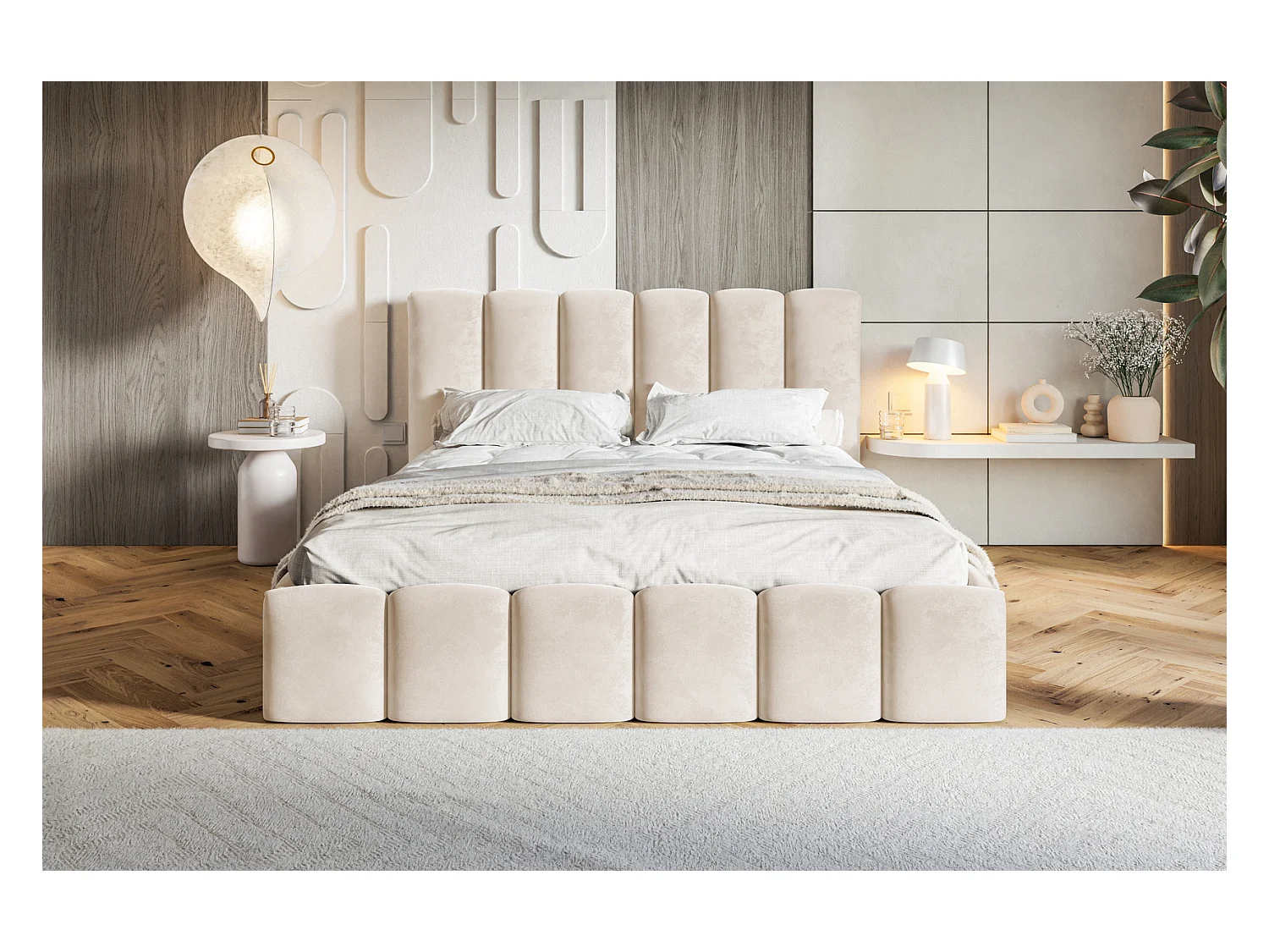Emporius Lit Rembourré 140 x 200 cm avec Rangement Palermo - Lit Double 140x200, tissu Velvet Beige (Amor Velvet 4304)