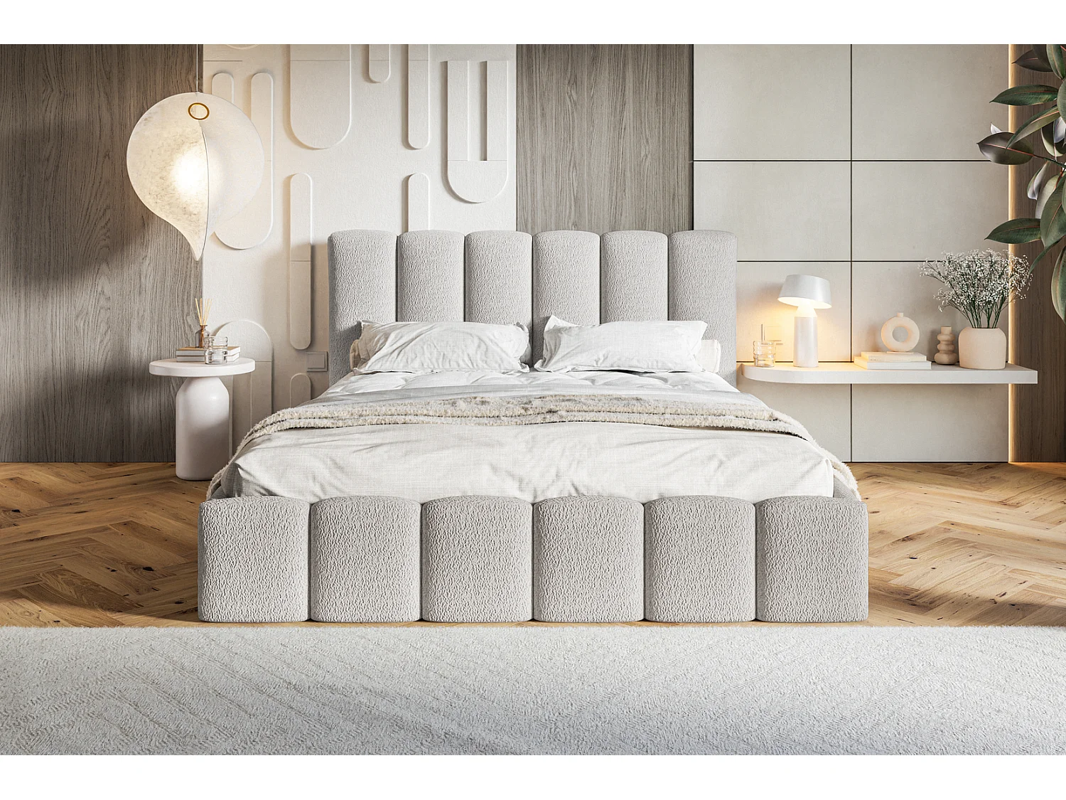 Emporius Lit Rembourré 180 x 200 cm avec Rangement Palermo - Lit Double 180x200, tissu bouclé Gris clair (Anthology 15)