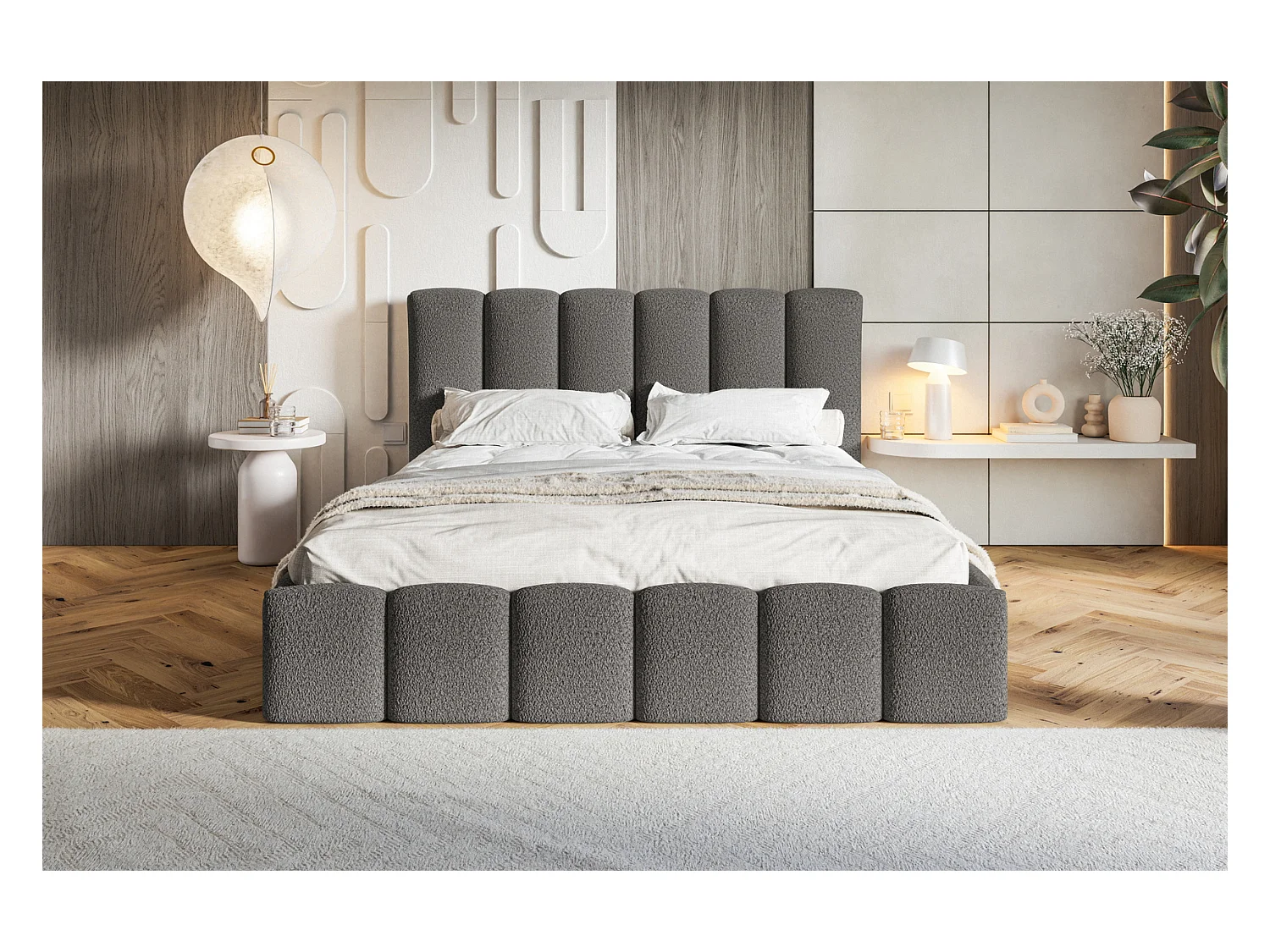 Emporius Lit Rembourré 180 x 200 cm avec Rangement Palermo - Lit Double 180x200, tissu bouclé Gris foncé (Anthology 18)