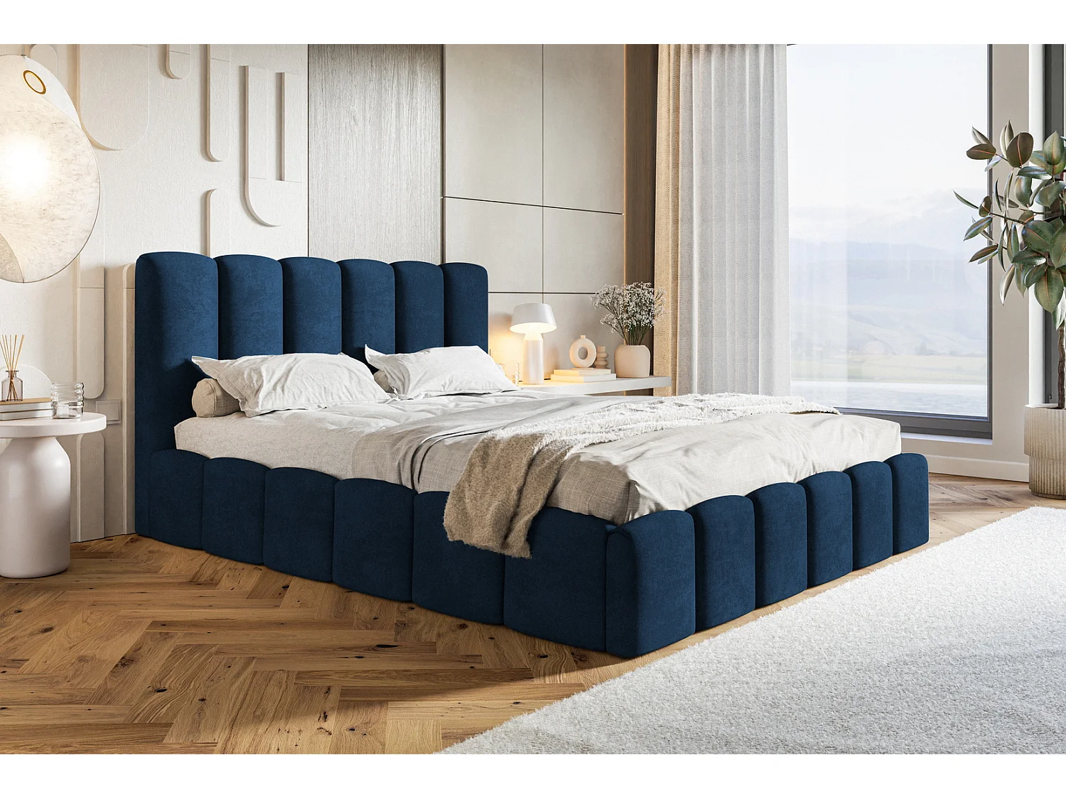 Gestoffeerd bed 140x200 Palermo met lattenbodem - opbergruimte, fluwelen Blauw (Kronos 09)