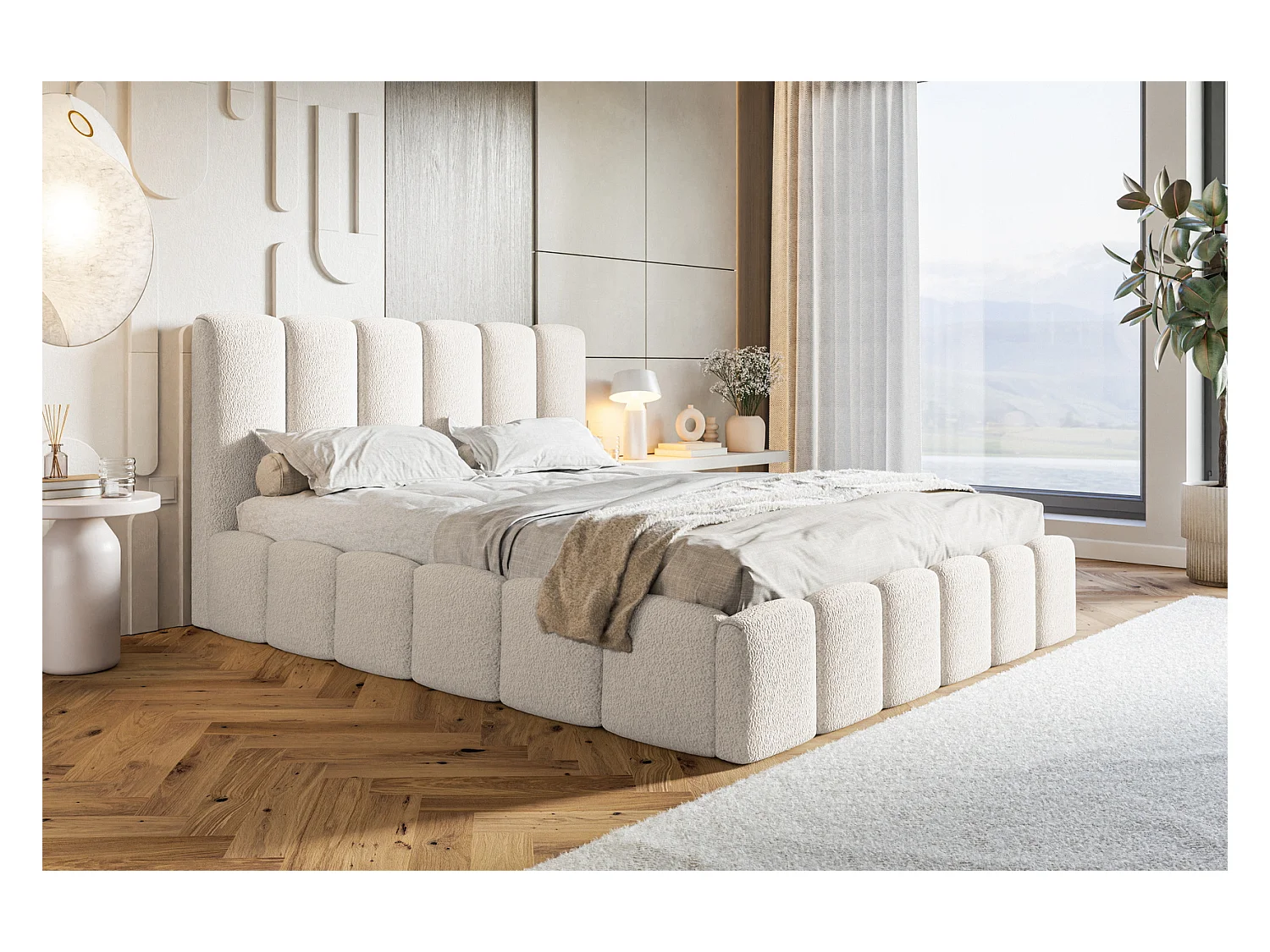 Emporius Lit Rembourré 140 x 200 cm avec Rangement Palermo - Lit Double 140x200, tissu bouclé Crème (Anthology 1)