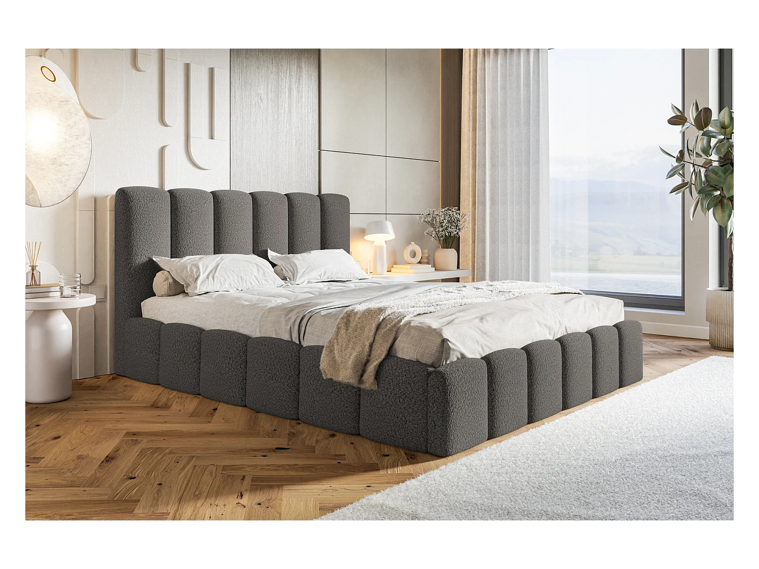 Emporius Lit Rembourré 160 x 200 cm avec Rangement Palermo - Lit Double 160x200, tissu bouclé Gris foncé (Anthology 18)