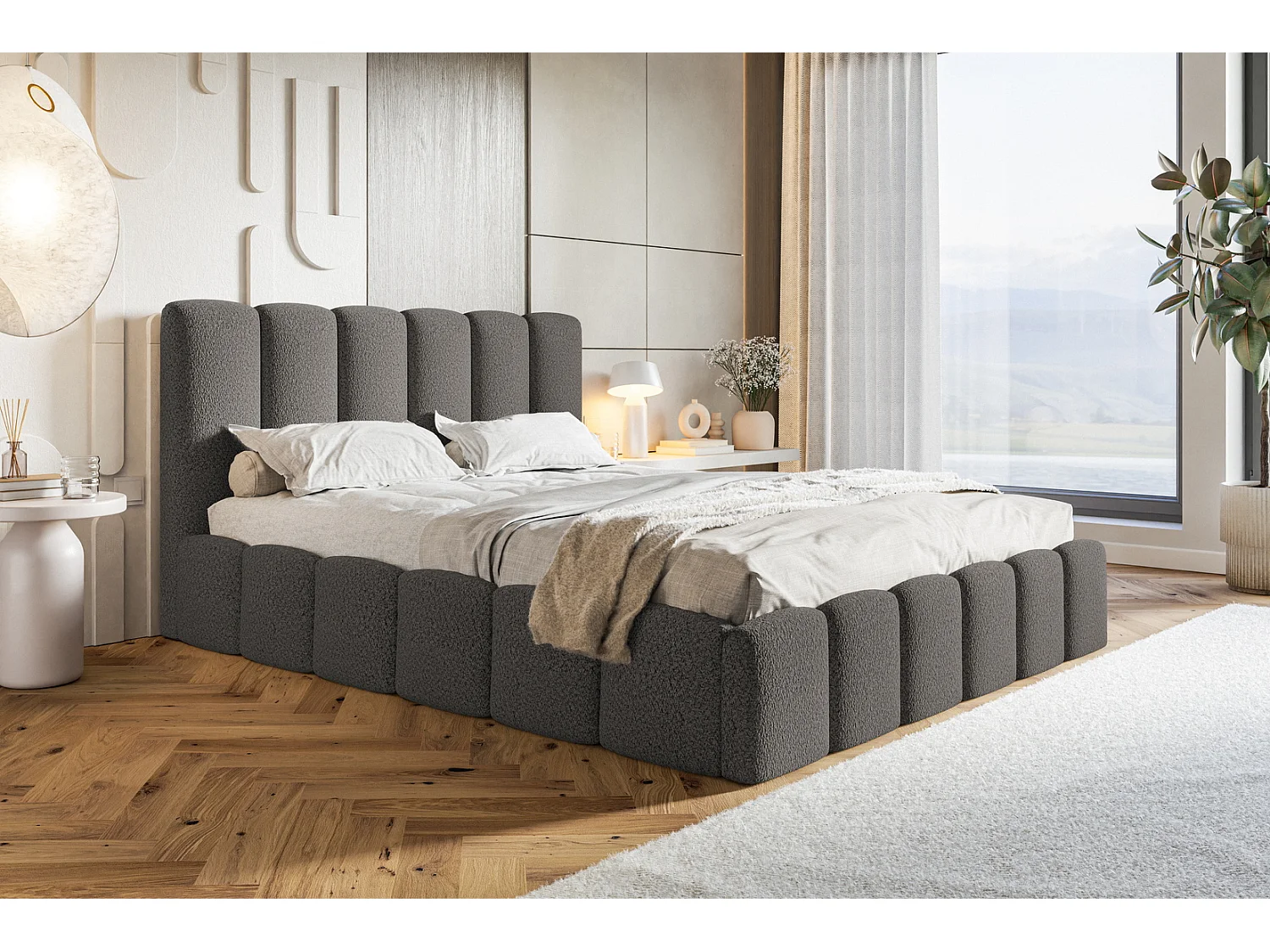 Emporius Lit Rembourré 160 x 200 cm avec Rangement Palermo - Lit Double 160x200, tissu bouclé Gris foncé (Anthology 18)
