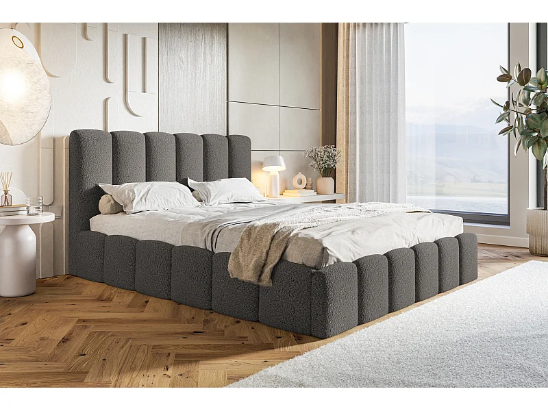 Emporius Lit Rembourré 160 x 200 cm avec Rangement Palermo - Lit Double 160x200, tissu bouclé Gris foncé (Anthology 18)