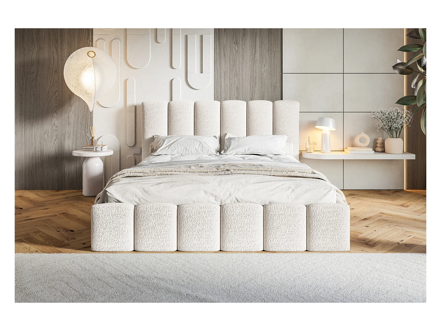 Emporius Lit Rembourré 160 x 200 cm avec Rangement Palermo - Lit Double 160x200, tissu bouclé Crème (Anthology 1)