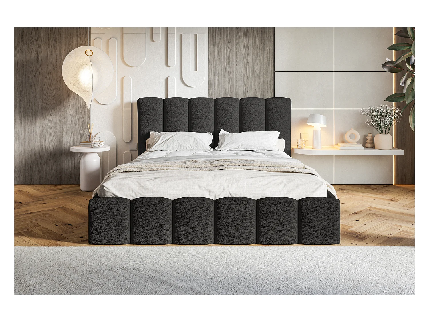 Emporius Lit Rembourré 180 x 200 cm avec Rangement Palermo - Lit Double 180x200, tissu bouclé Noir (Anthology 19)