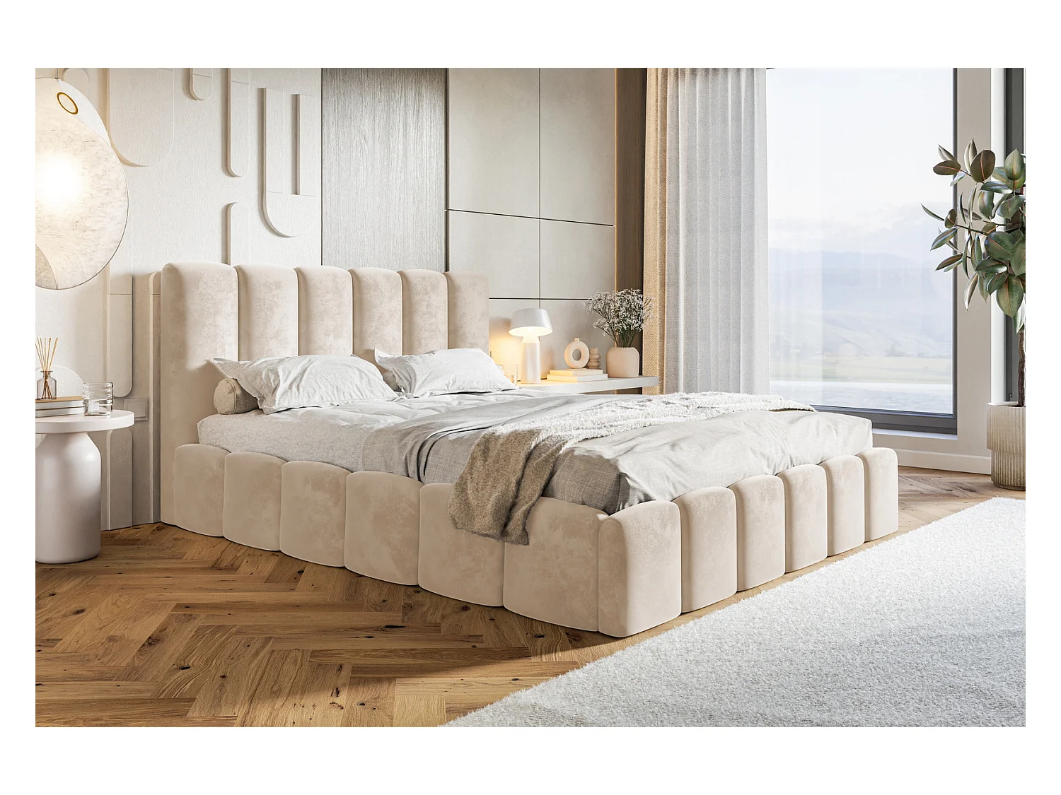 Emporius Lit Rembourré 160 x 200 cm avec Rangement Palermo - Lit Double 160x200, tissu Velvet Beige (Amor Velvet 4304)