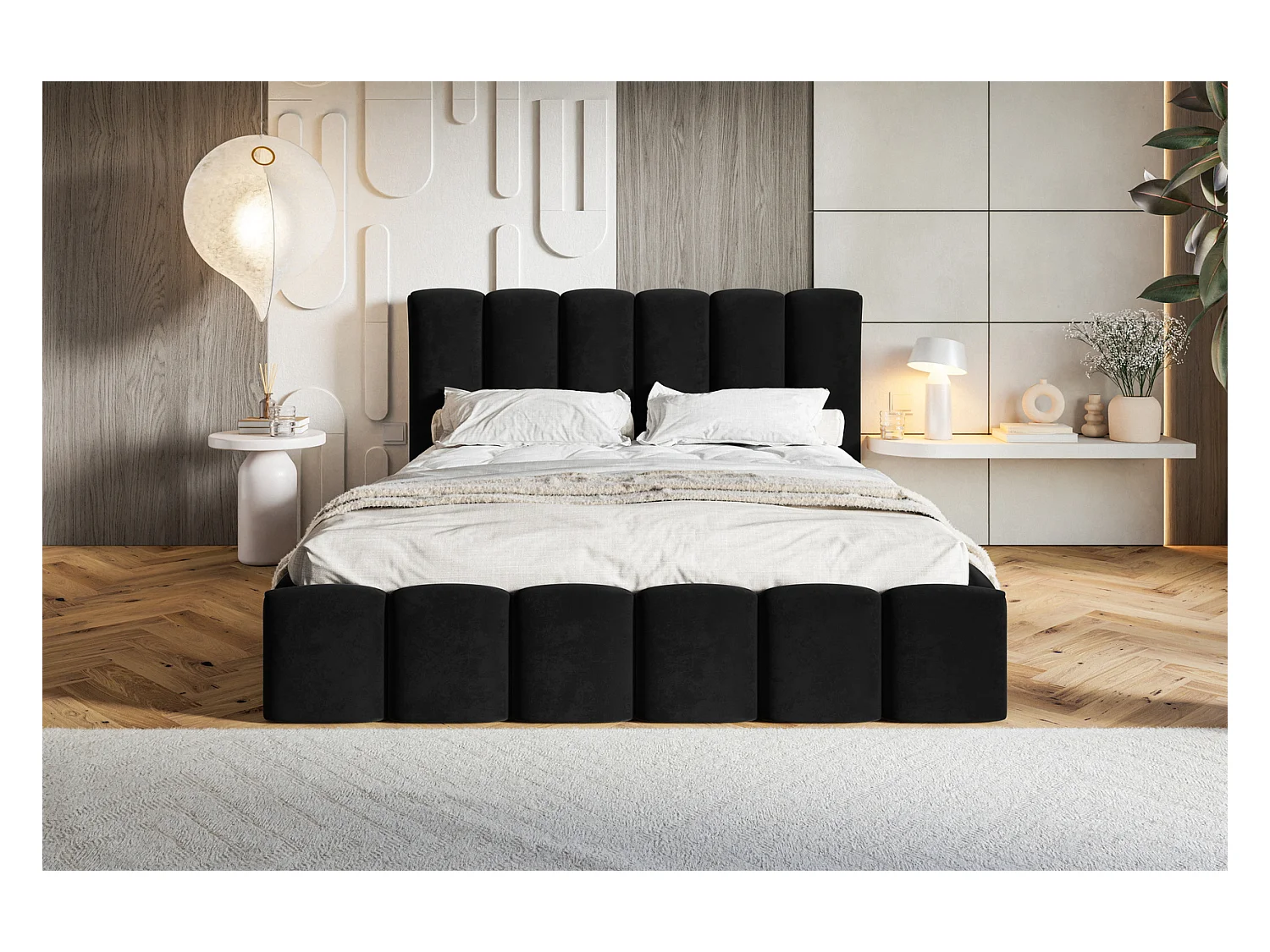 Emporius Lit Rembourré 160 x 200 cm avec Rangement Palermo - Lit Double 160x200, tissu Velvet Noir (Amor Velvet 4322)