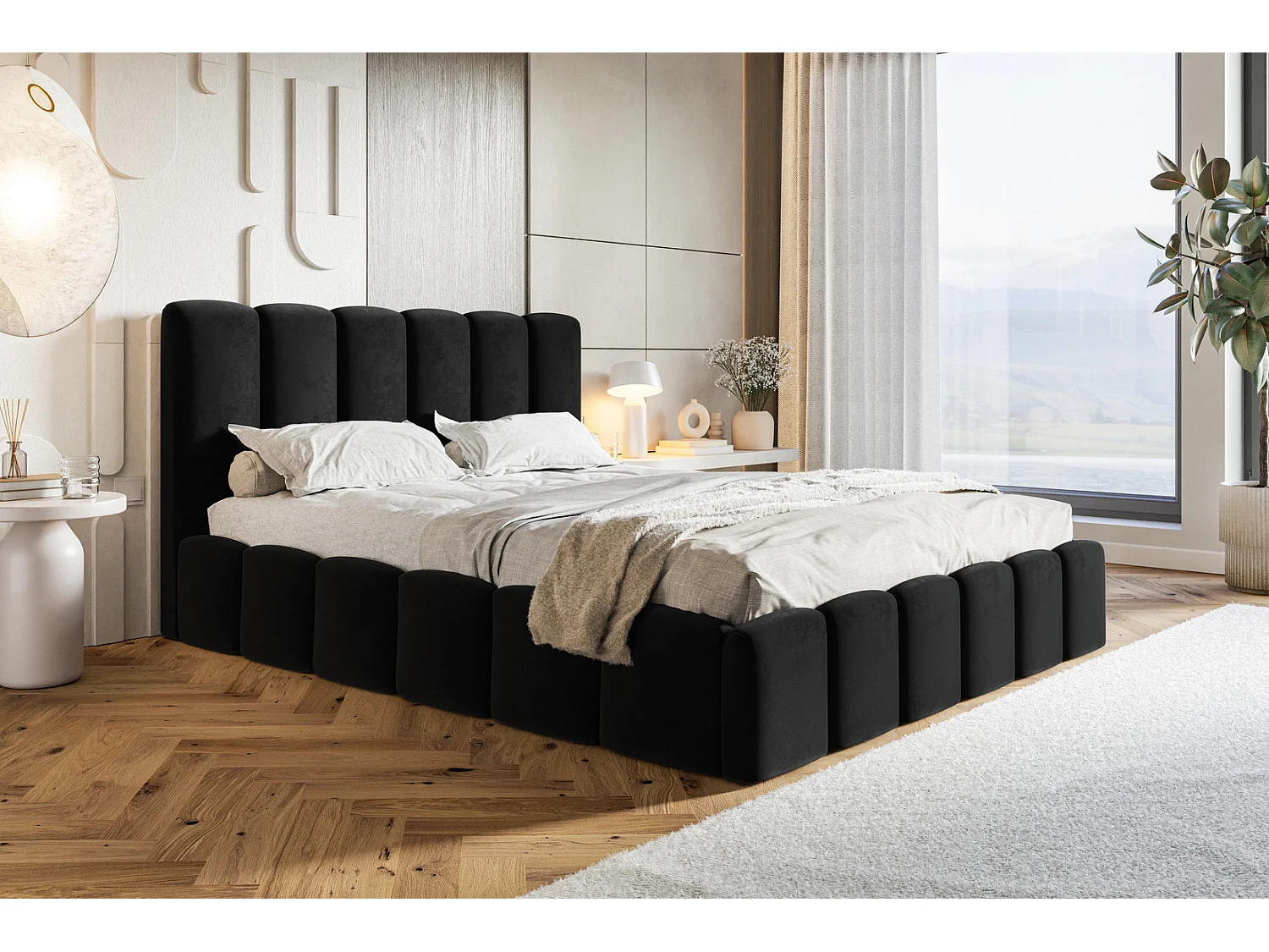 Gestoffeerd bed 160x200 Palermo met lattenbodem - opbergruimte, fluwelen Zwart (Amor Velvet 4322)