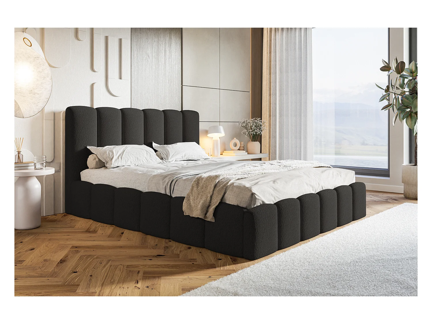 Emporius Lit Rembourré 160 x 200 cm avec Rangement Palermo - Lit Double 160x200, tissu bouclé Noir (Anthology 19)