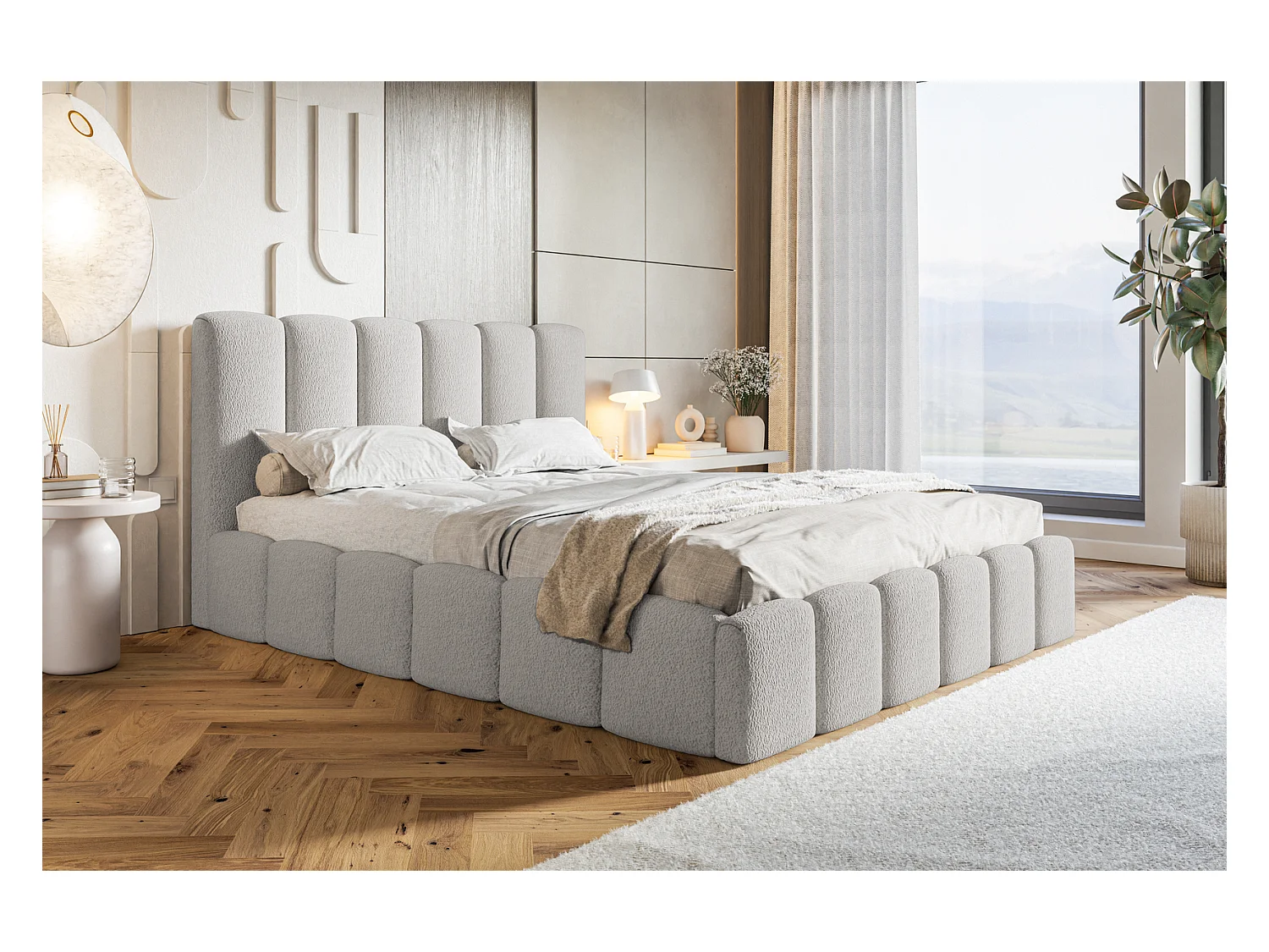 Emporius Lit Rembourré 140 x 200 cm avec Rangement Palermo - Lit Double 140x200, tissu bouclé Gris clair (Anthology 15)