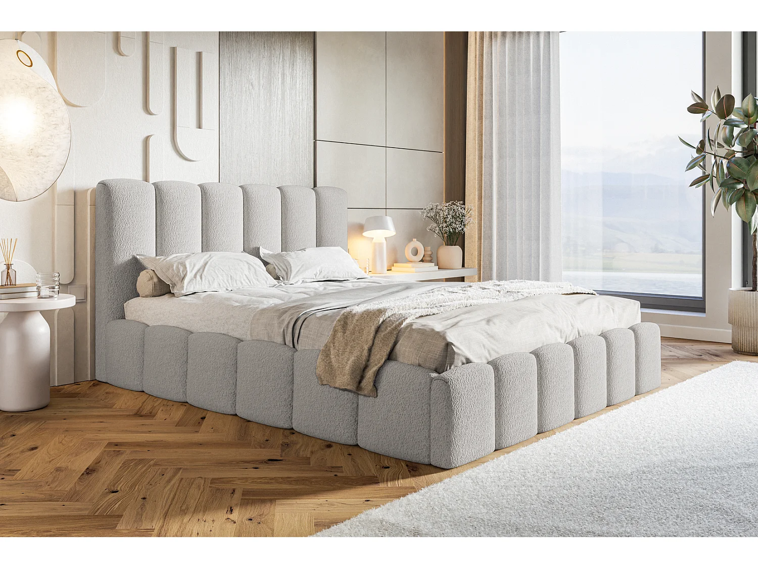 Lit rembourré 160x200 cm avec rangement Palermo - Lit double 160x200 cm, tissu bouclé Gris clair (Anthology 15)