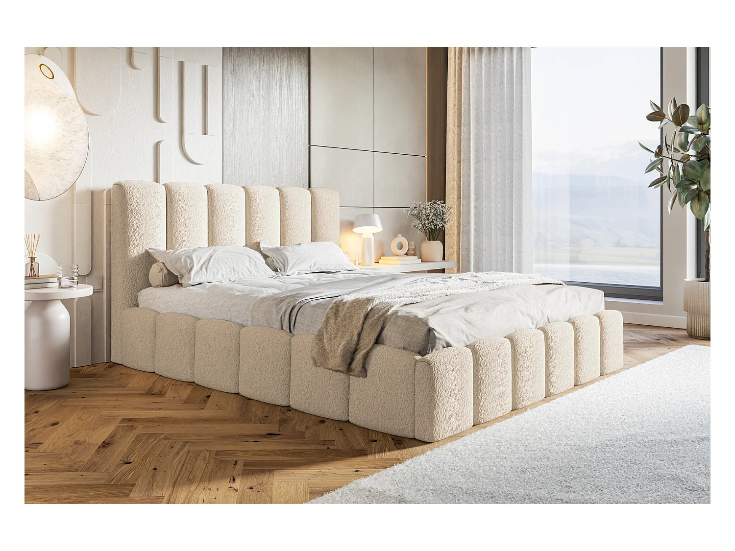 Emporius Lit Rembourré 180 x 200 cm avec Rangement Palermo - Lit Double 180x200, tissu bouclé Beige (Anthology 3)