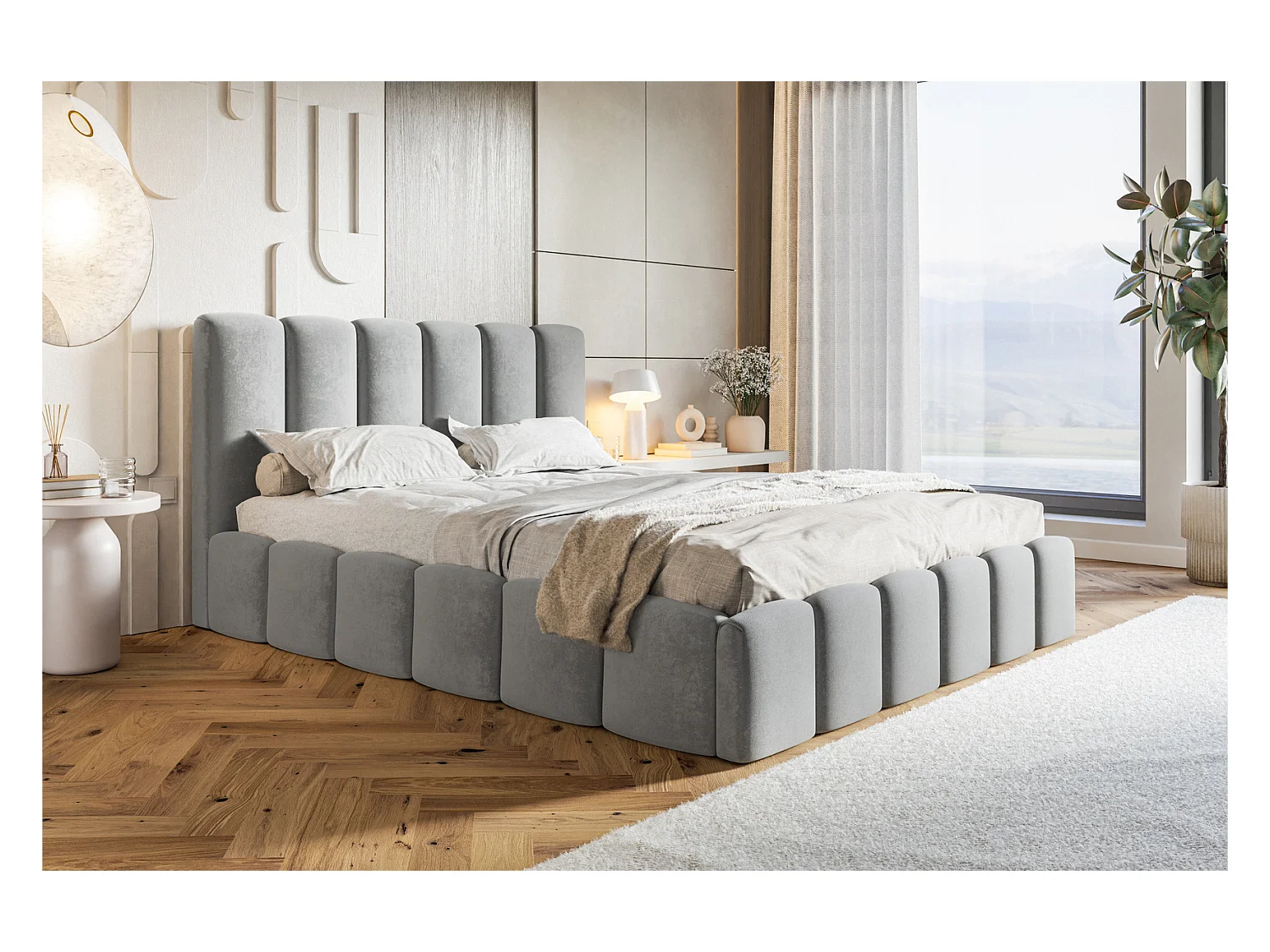 Emporius Lit Rembourré 160 x 200 cm avec Rangement Palermo - Lit Double 160x200, tissu Velvet Gris clair (Jasmine 90)
