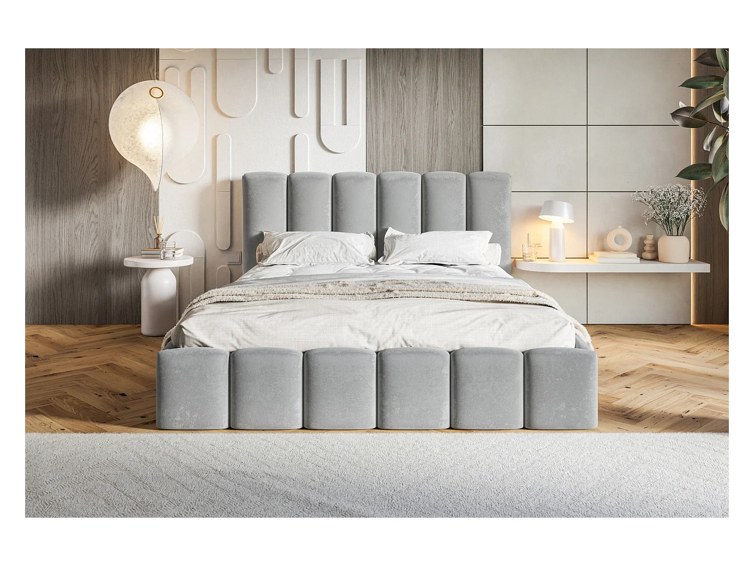 Emporius Lit Rembourré 160 x 200 cm avec Rangement Palermo - Lit Double 160x200, tissu Velvet Gris clair (Jasmine 90)