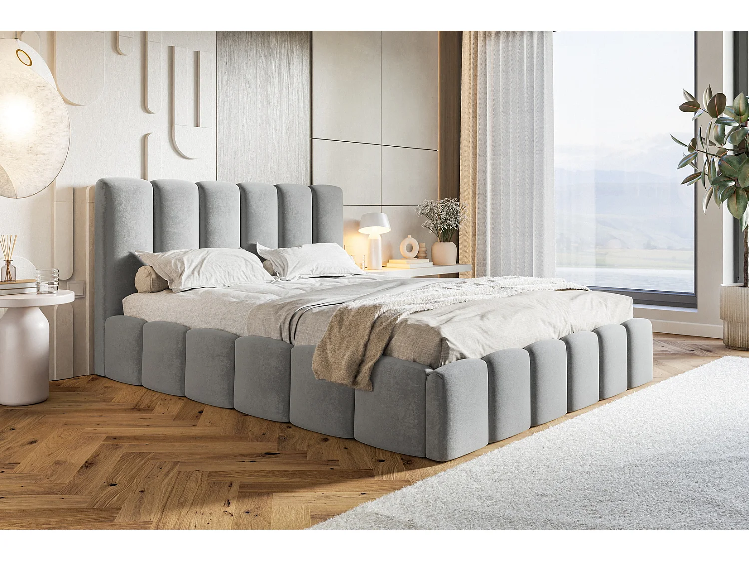 Gestoffeerd bed 140x200 Palermo met lattenbodem - opbergruimte, fluwelen Lichtgrijs (Jasmine 90)