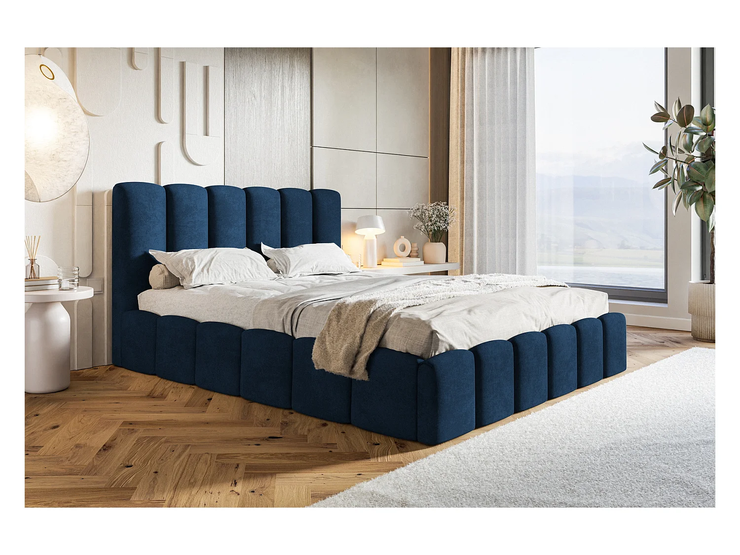 Emporius Lit Rembourré 180 x 200 cm avec Rangement Palermo - Lit Double 180x200, tissu Velvet Bleu (Kronos 09)