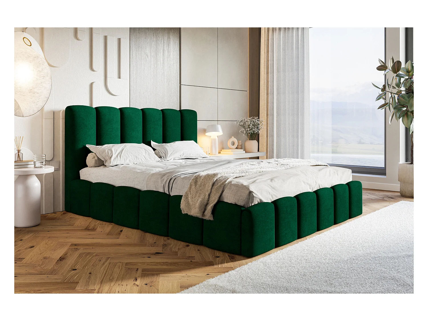 Emporius Lit Rembourré 160 x 200 cm avec Rangement Palermo - Lit Double 160x200, tissu Velvet Vert (Kronos 19)