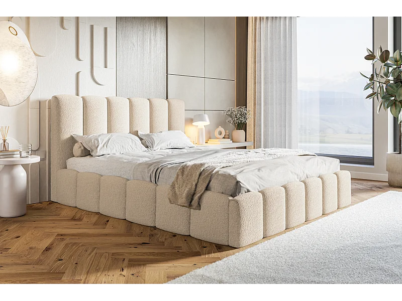 Emporius Polsterbett mit Lattenrost, Bettkasten - Doppelbett 140x200 cm Palermo - Bouclé stoff Beige (Anthology 3)