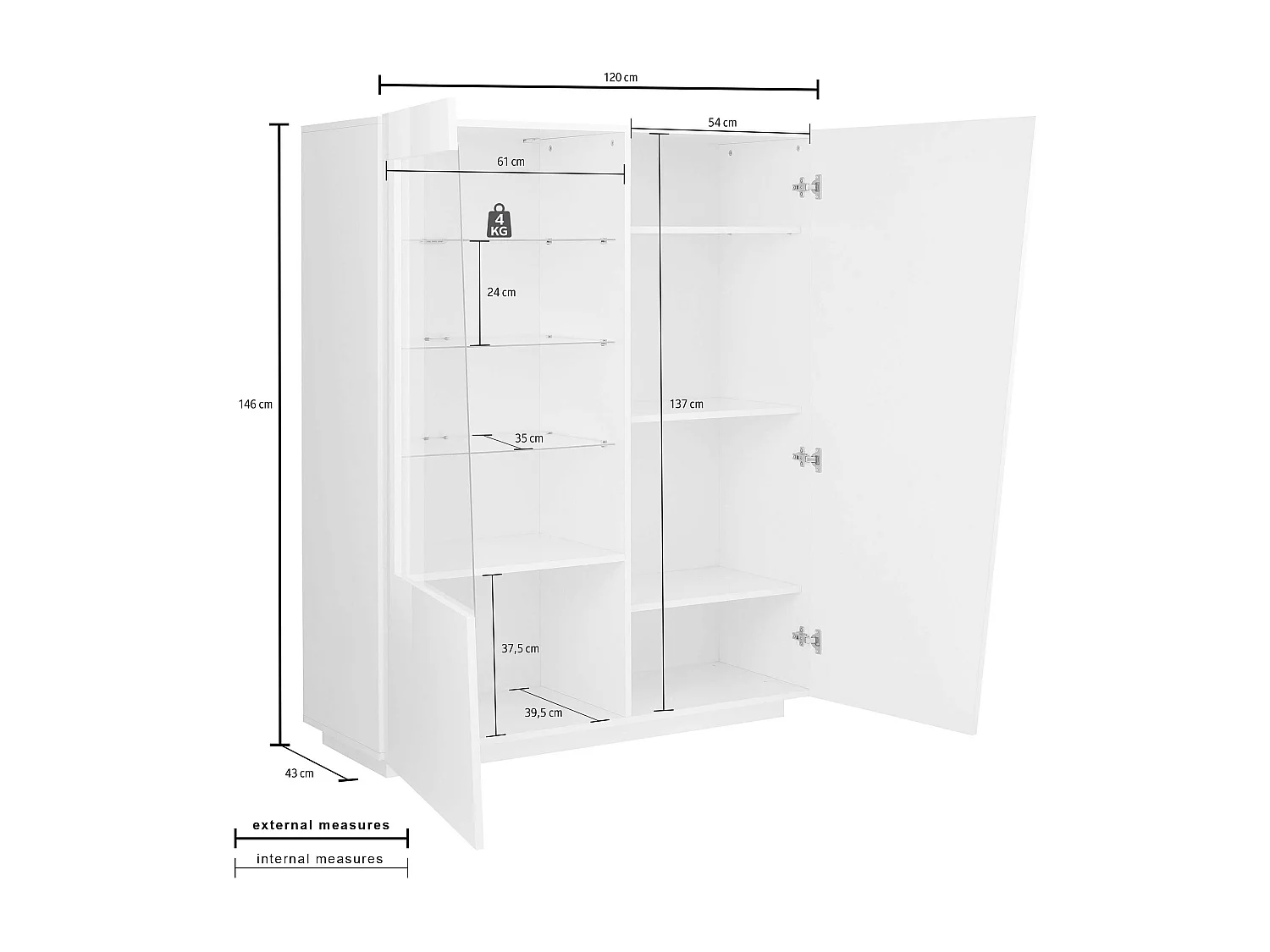 Mobile Vetrina VEGA L 120 x H 146 x P 43 cm grigio ardesia