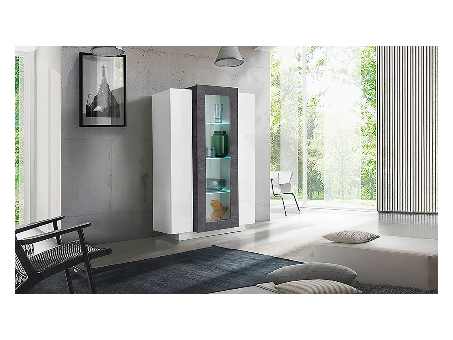 Mobile Vetrina Coro L 80 x H 120.5 x P 38 cm bianco lucido e grigio ardesia