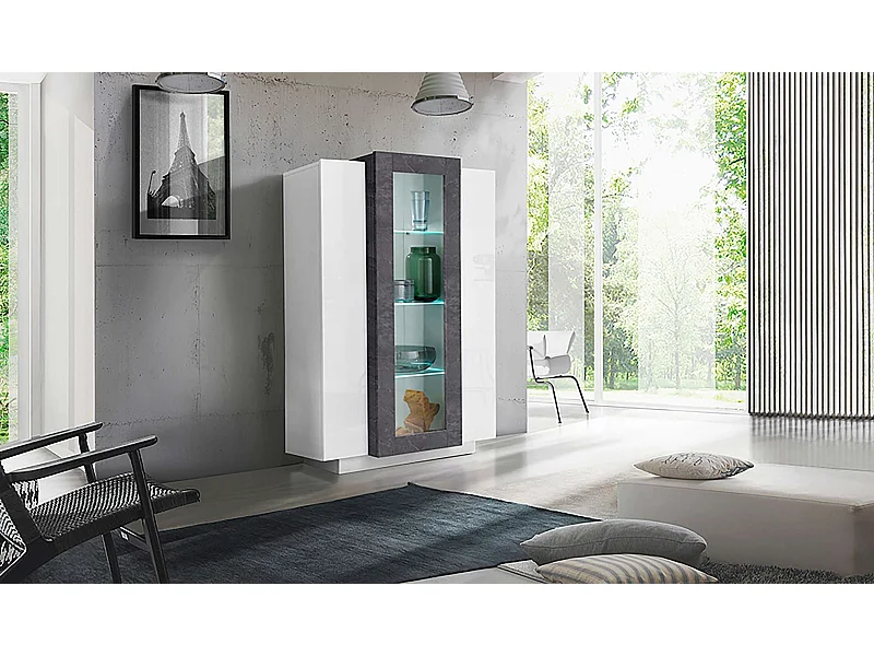 Mobile Vetrina Coro L 80 x H 120.5 x P 38 cm bianco lucido e grigio ardesia