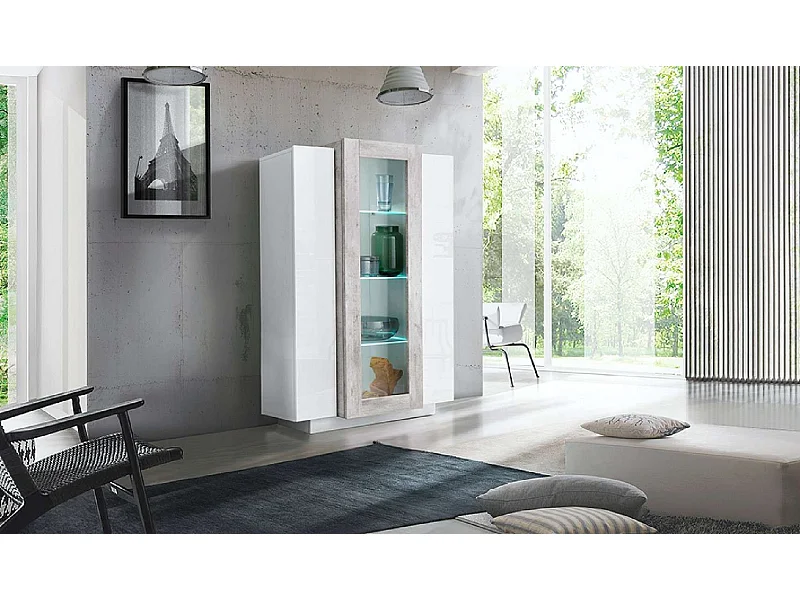 Mobile Vetrina Coro L 80 x H 120.5 x P 38 cm bianco lucido e grigio cemento