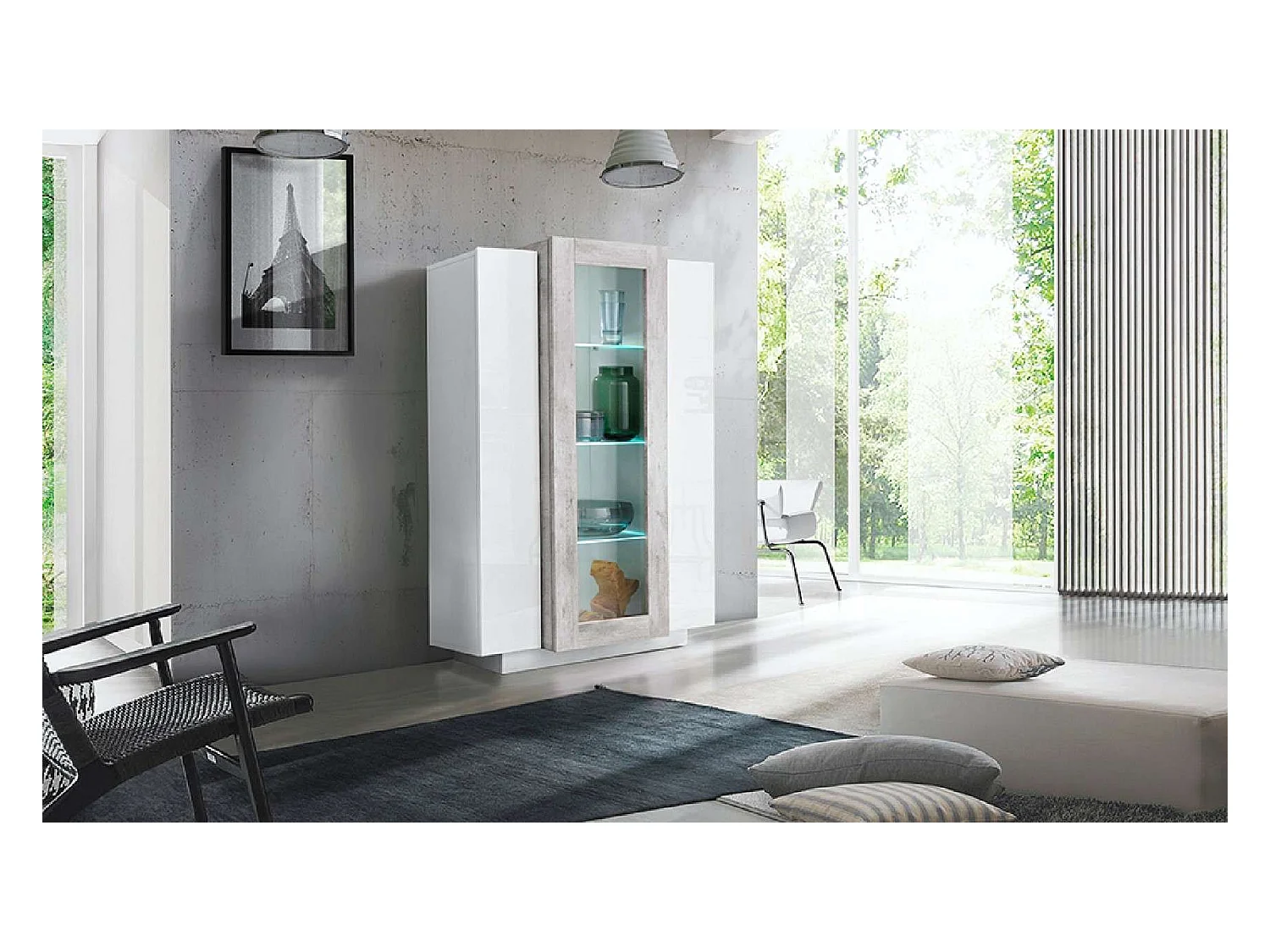 Vitrina diseño blanco brillante y gris para salón Corona