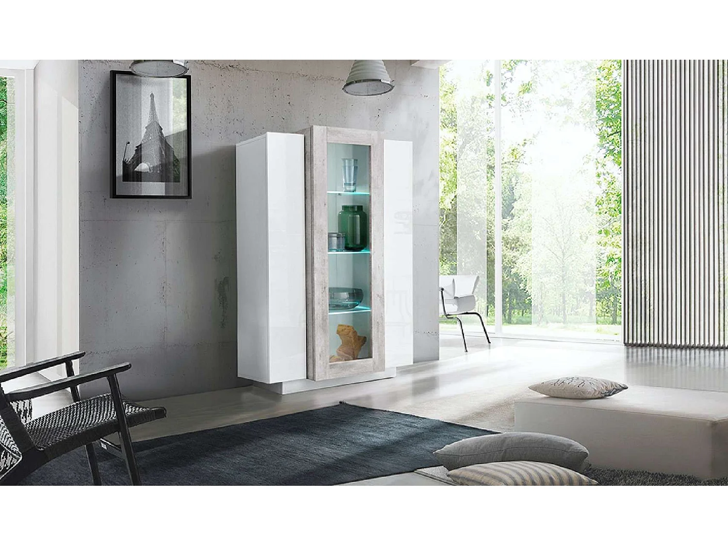 Mobile Vetrina Coro L 80 x H 120.5 x P 38 cm bianco lucido e grigio cemento