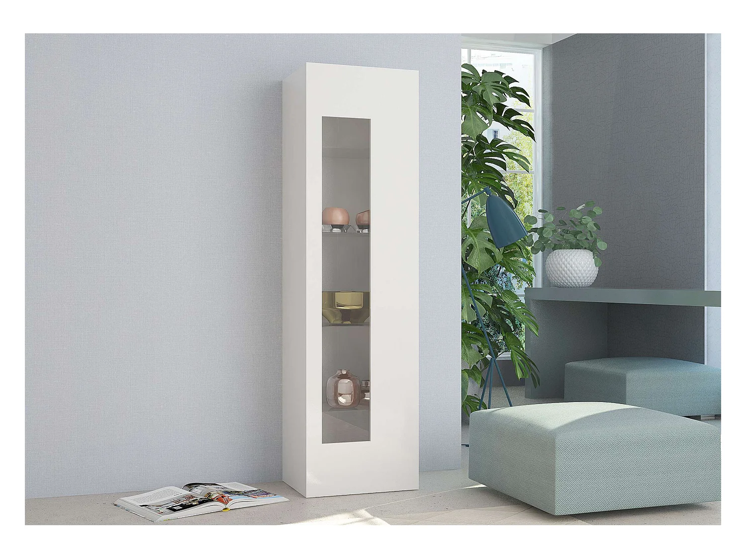 Vitrina salón blanco lacado brillante con 4 estantes de cristal Daiquiri