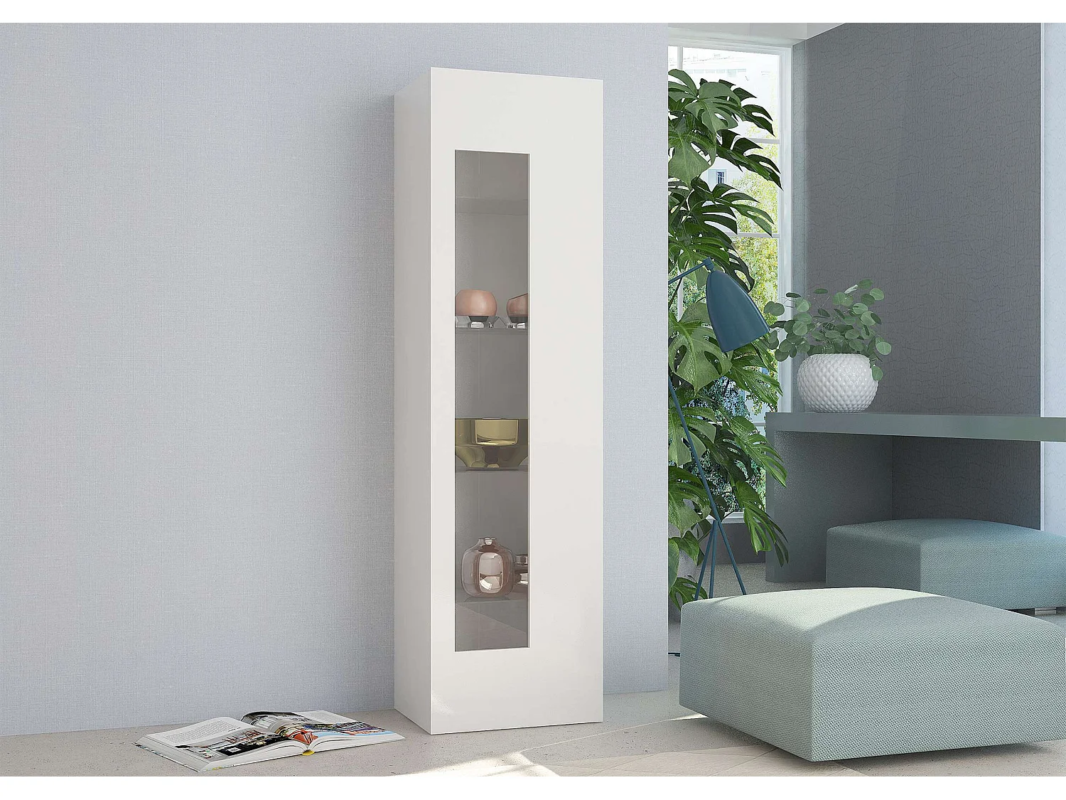 Vitrina salón blanco lacado brillante con 4 estantes de cristal Daiquiri