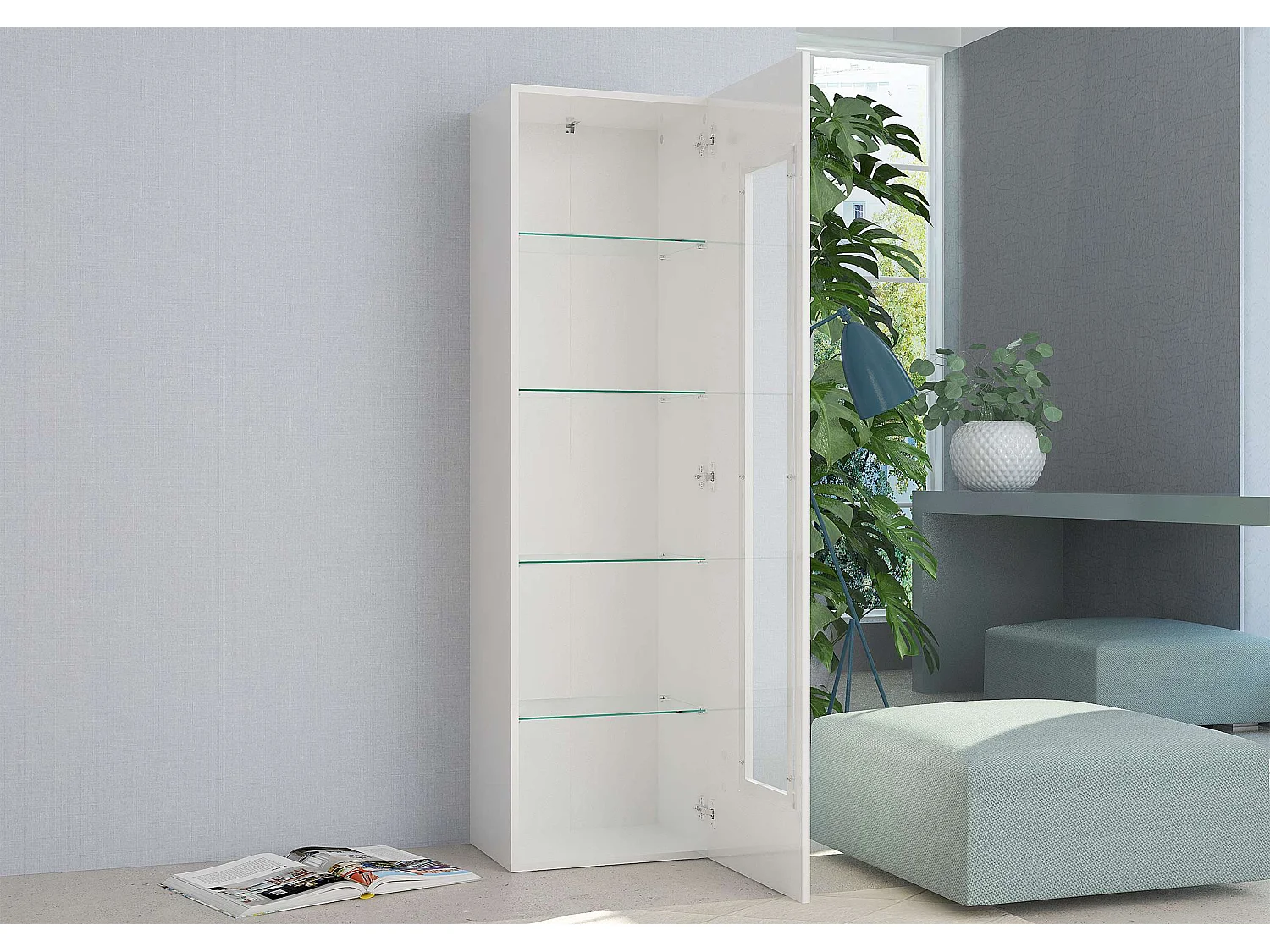 Vitrina salón blanco lacado brillante con 4 estantes de cristal Daiquiri