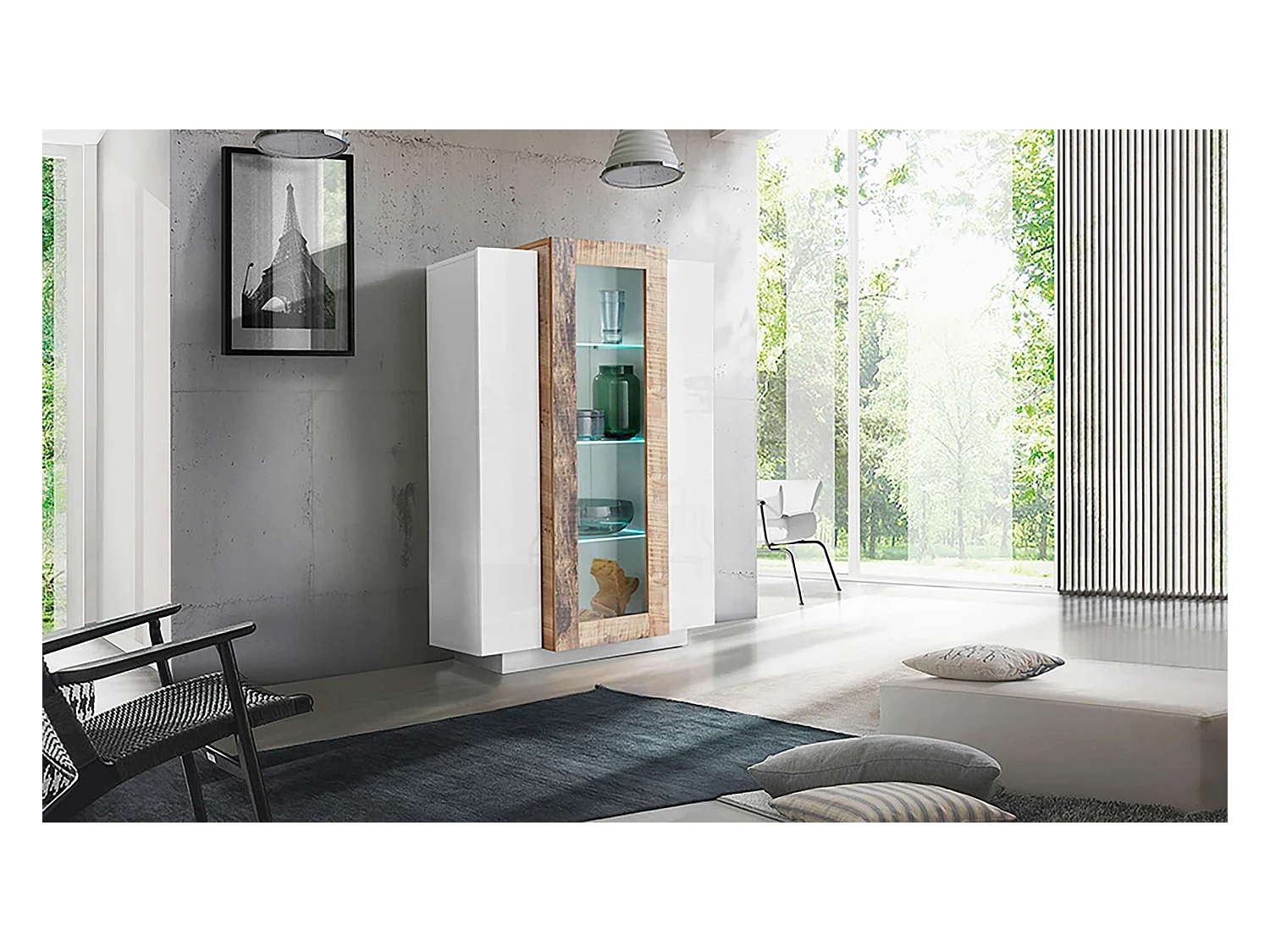 Vitrina diseño blanco brillante y madera para salón Corona