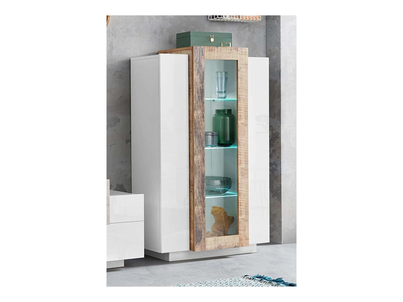 Vitrina diseño blanco brillante y madera para salón Corona