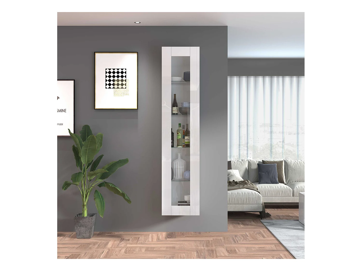 Vetrina soggiorno Maruska con 1 anta bianco lucido 40x30x180 cm