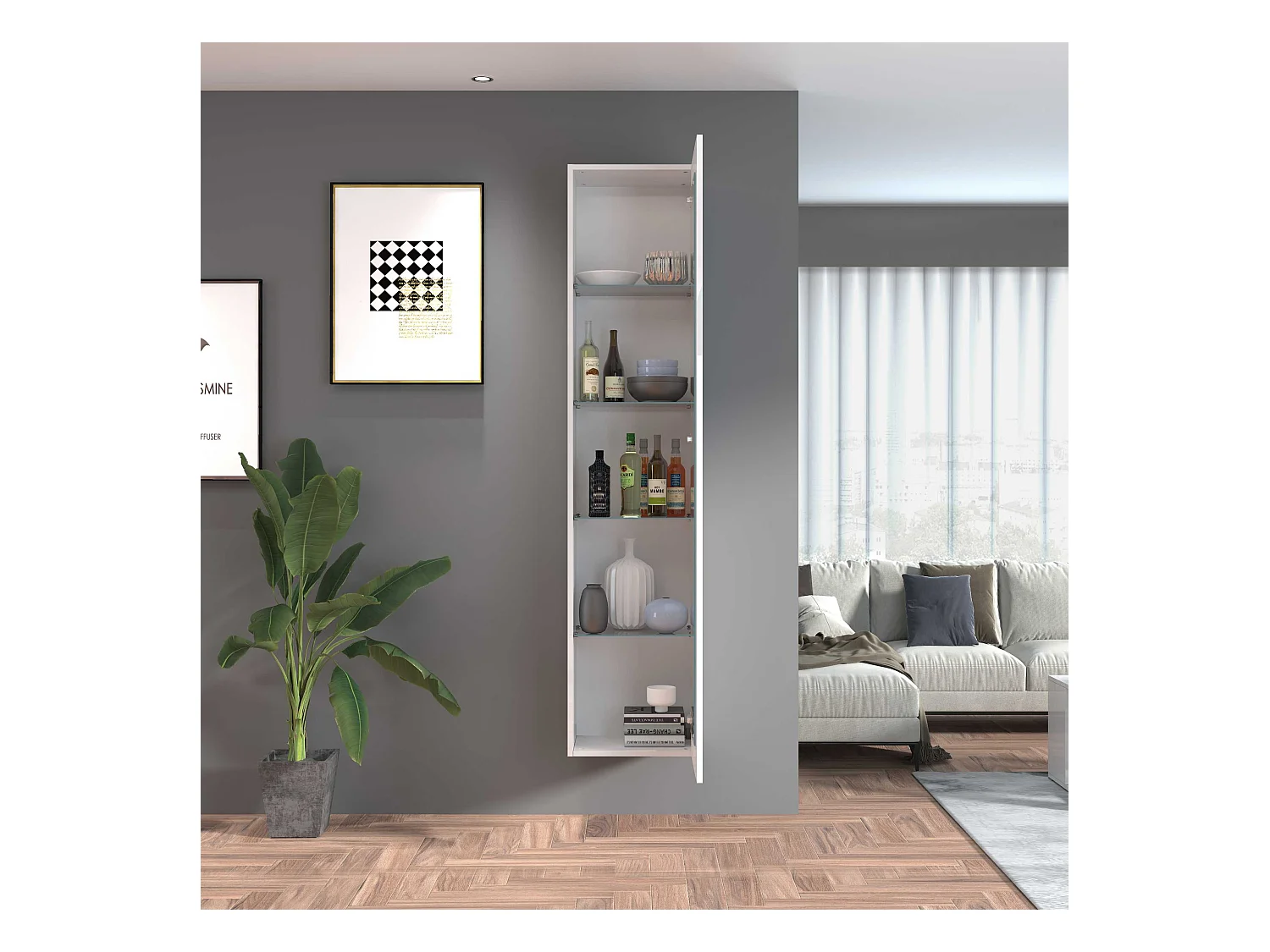 Vetrina soggiorno Maruska con 1 anta bianco lucido 40x30x180 cm