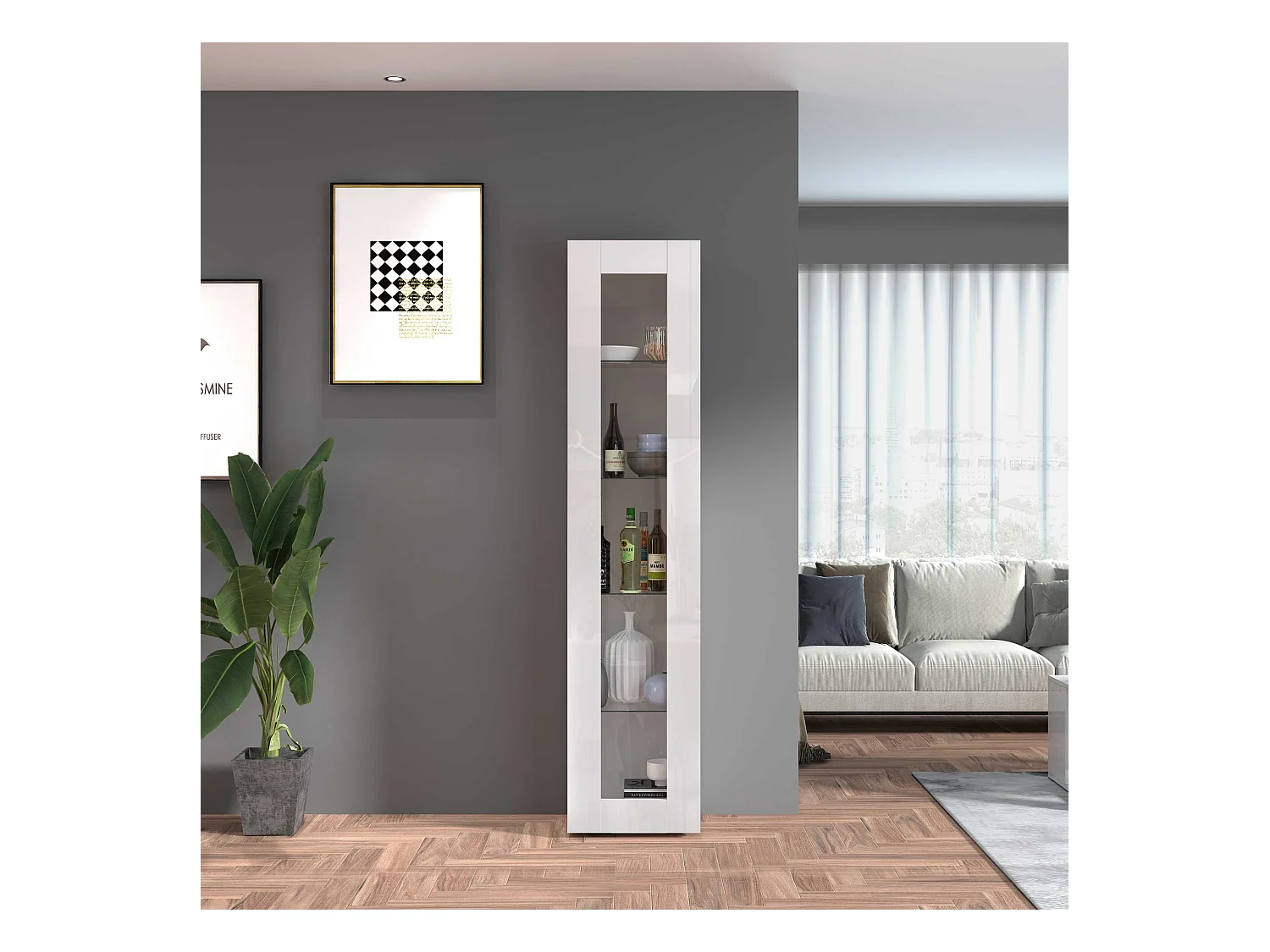 Vetrina soggiorno Maruska con 1 anta bianco lucido 40x30x180 cm