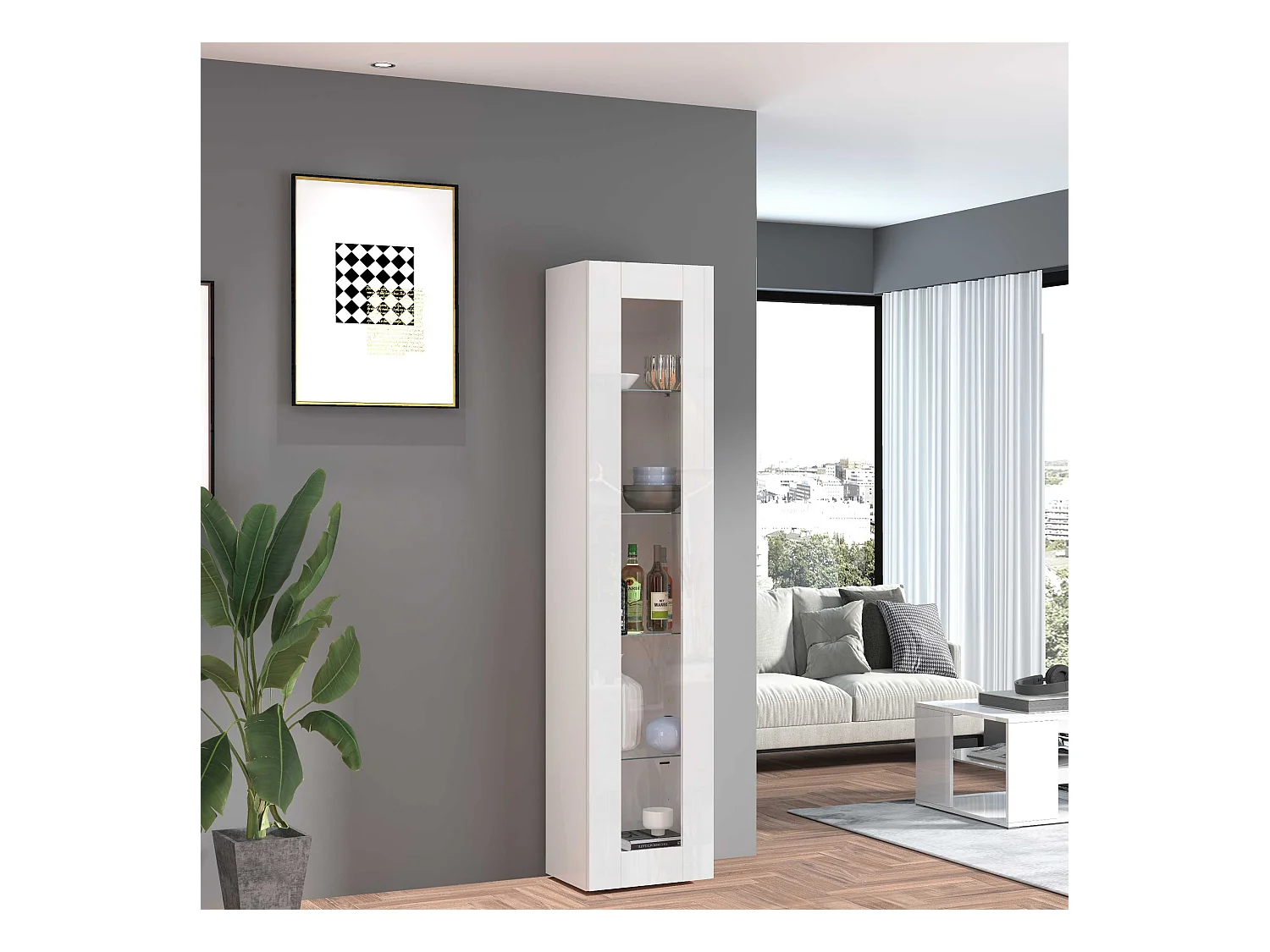 Vetrina soggiorno Maruska con 1 anta bianco lucido 40x30x180 cm