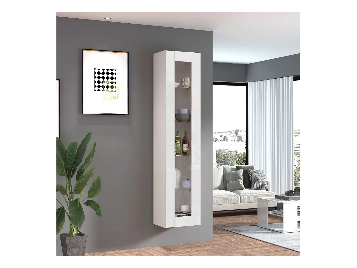 Vetrina soggiorno Maruska con 1 anta bianco lucido 40x30x180 cm