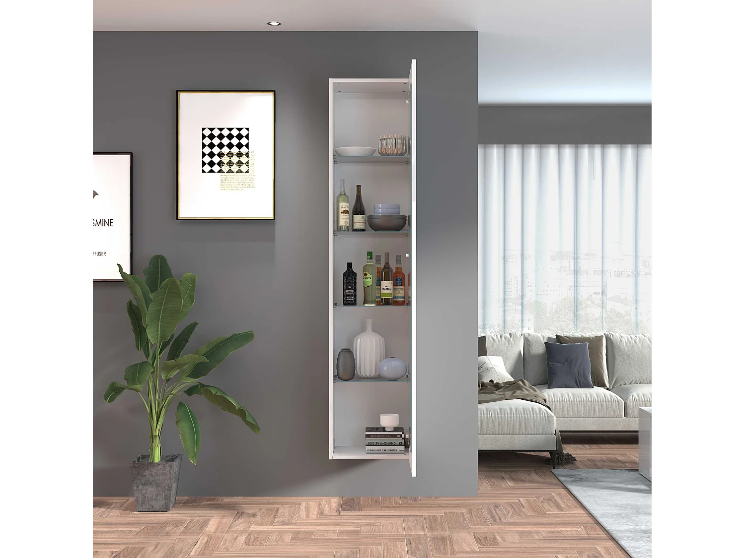 Vetrina soggiorno Maruska con 1 anta bianco lucido 40x30x180 cm