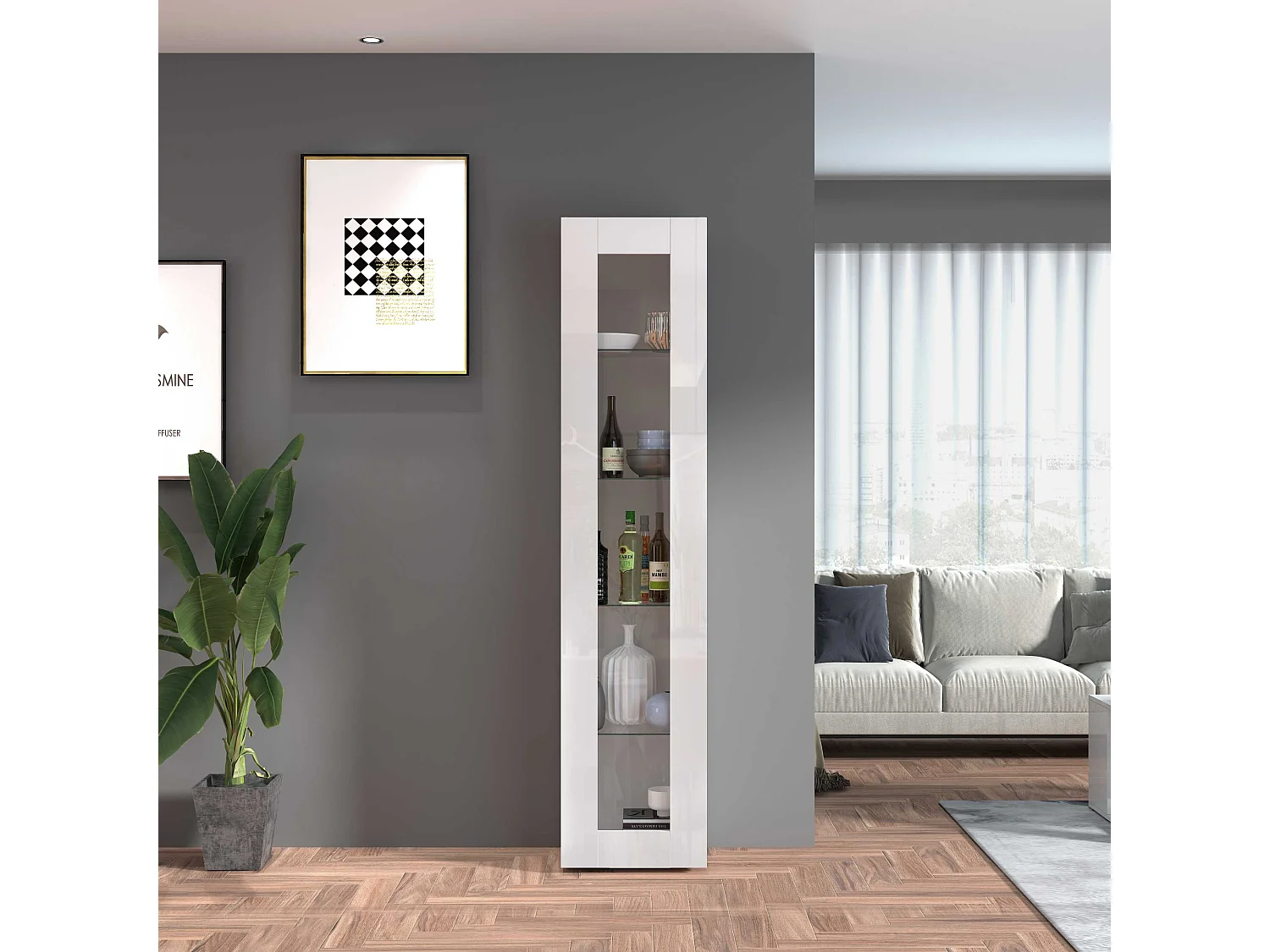 Vetrina soggiorno Maruska con 1 anta bianco lucido 40x30x180 cm