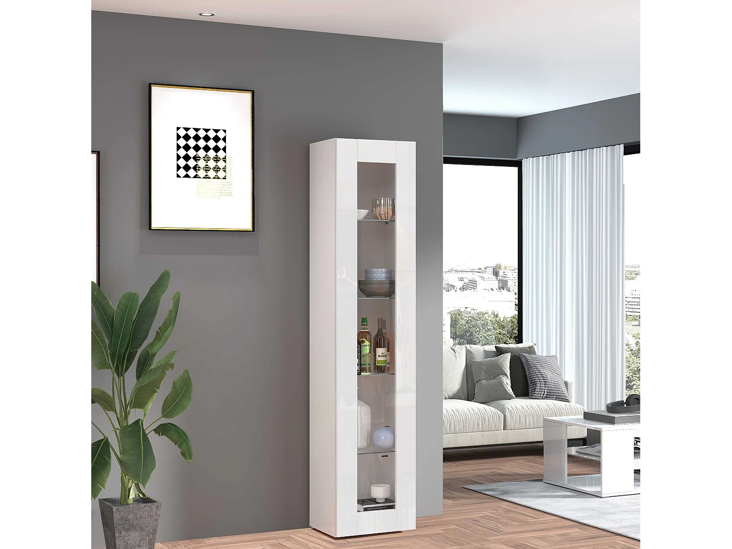 Vetrina soggiorno Maruska con 1 anta bianco lucido 40x30x180 cm