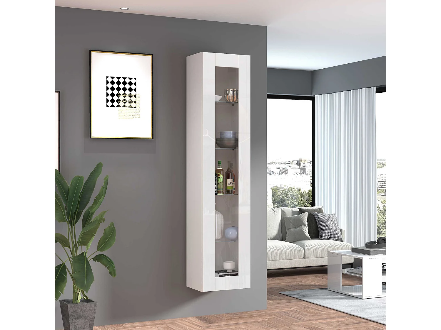 Hochglanz-Weiße Vitrine für Wohnzimmer mit 4 Glasböden Joy Vidrio