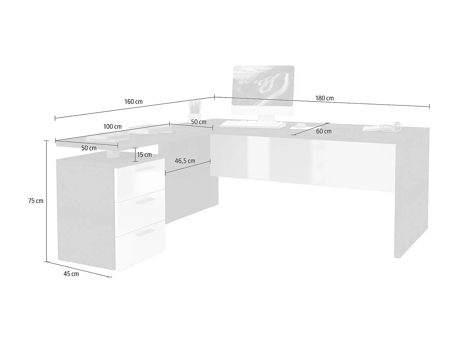 Scrivania made in Italy 160x180/60x75 bianco lucido - NEWSELINA