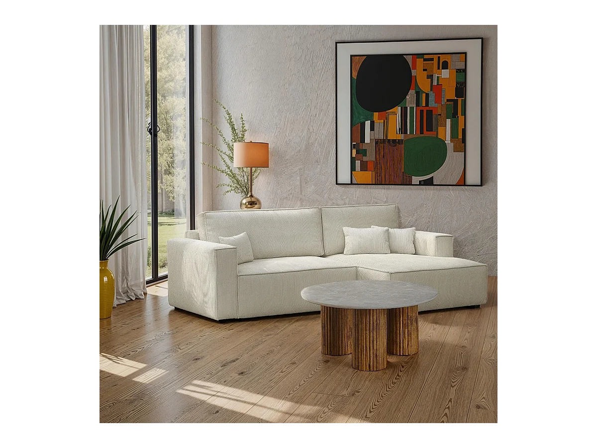 Canapé d'angle à droite convertible 3 places en velours côtelé beige - Asti