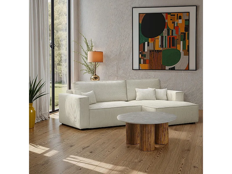 Canapé d'angle à droite convertible 3 places en velours côtelé beige - Asti