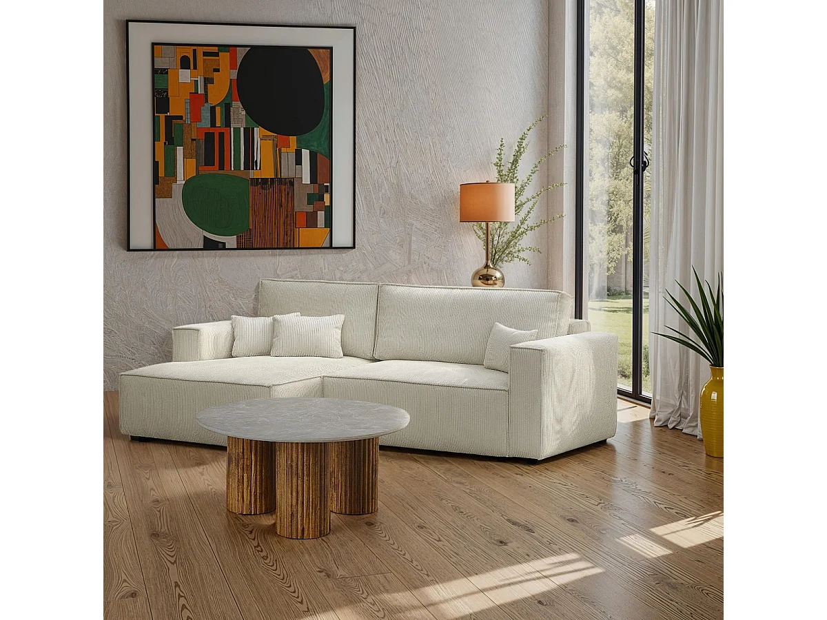 Canapé d'angle à gauche convertible 3 places en velours côtelé beige - Asti